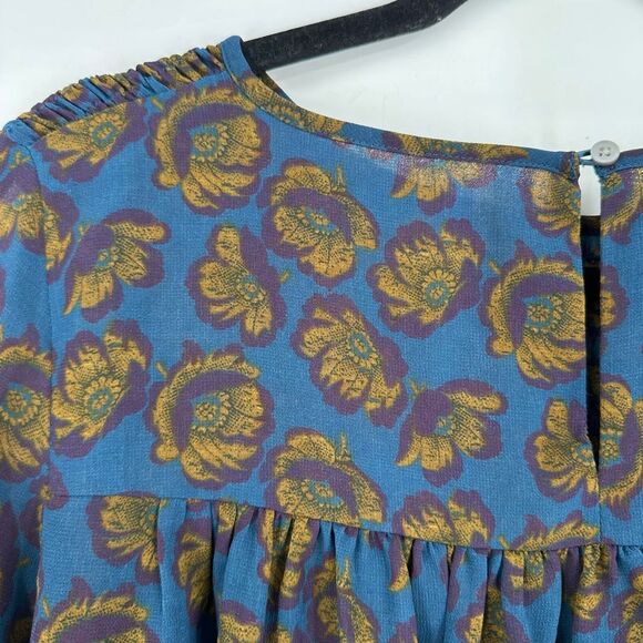 LOFT XS Floral Smocked Blouse Blue Mustard Purple Yoke Keyhole EUC‎ Flowy Fall - Picture 2 of 9